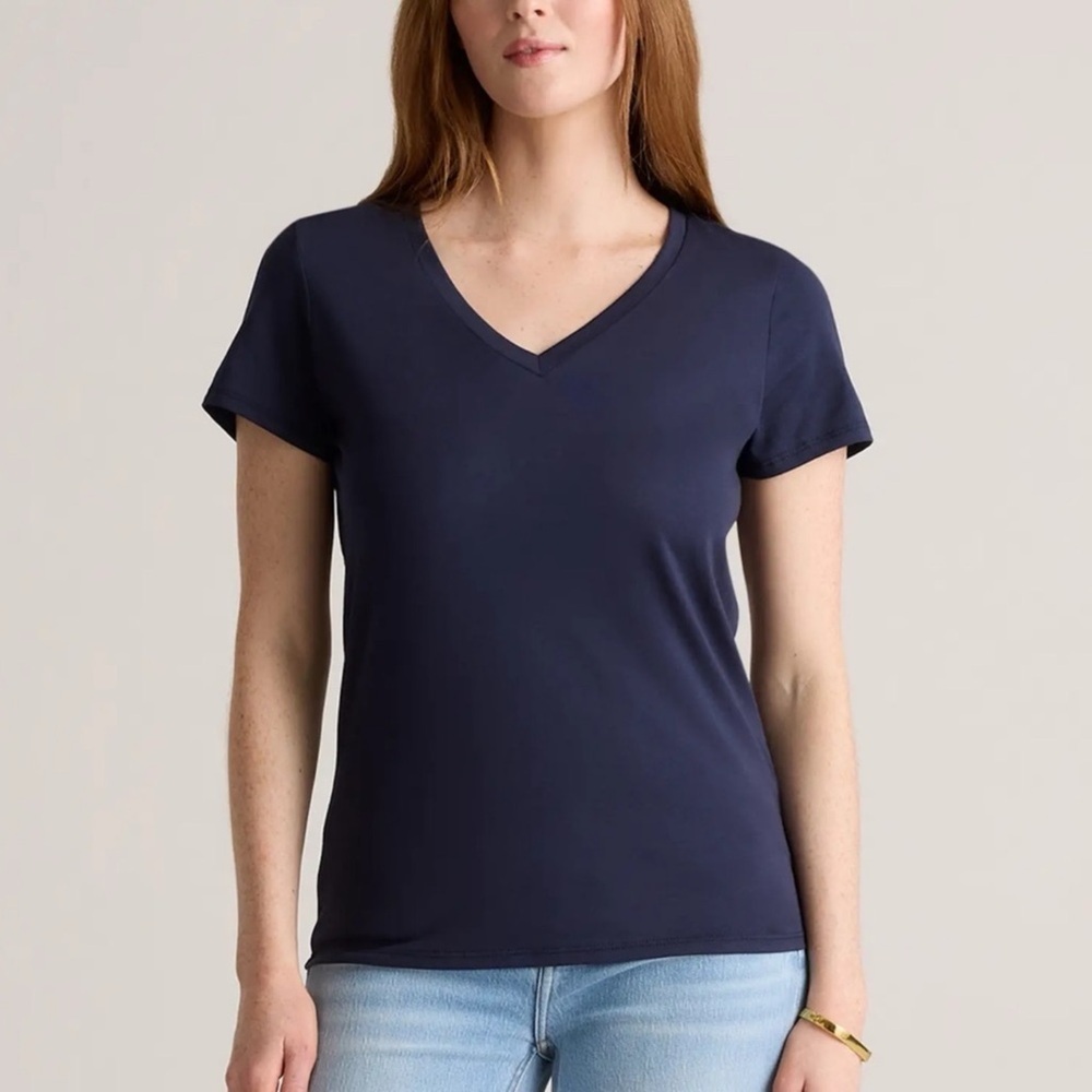 Quince Cotton Modal V-Neck Tee T-shirt Top Navy Blue Short Sleeve Women’s S NWT